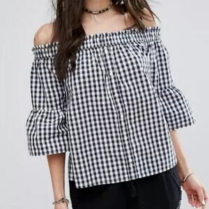 Abercrombie & Fitch Gingham Off Shoulder Black Button Blouse
